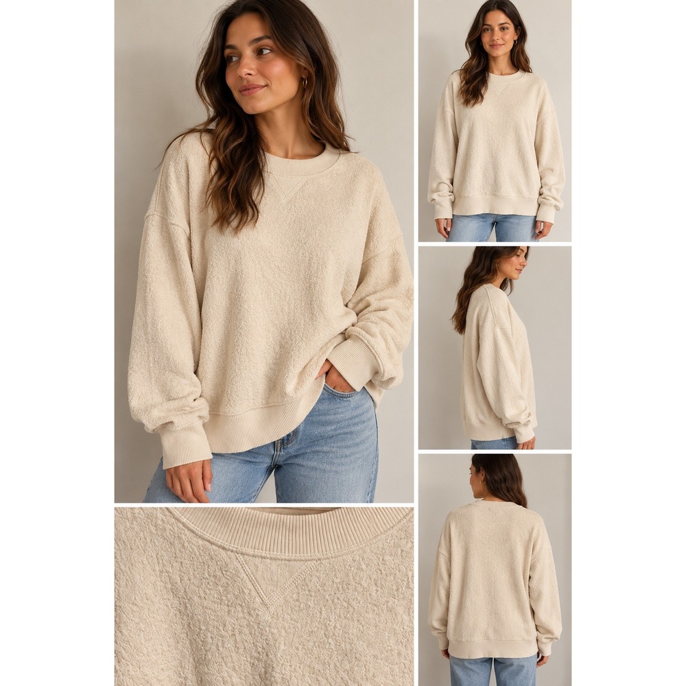 Aerie Chilled Out Oversized Boucle Sweatshirt Cream Ribbed XS